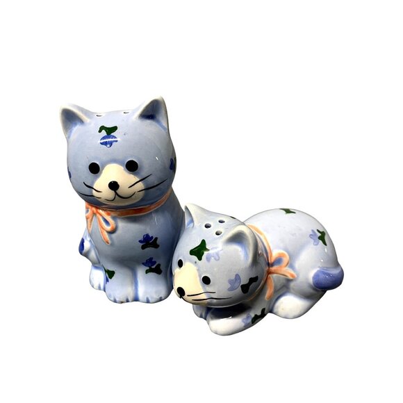 Blue Otagiri Cat Salt & Pepper Shakers Hand-Painted Ceramic Set Floral Vtg - Picture 1 of 7